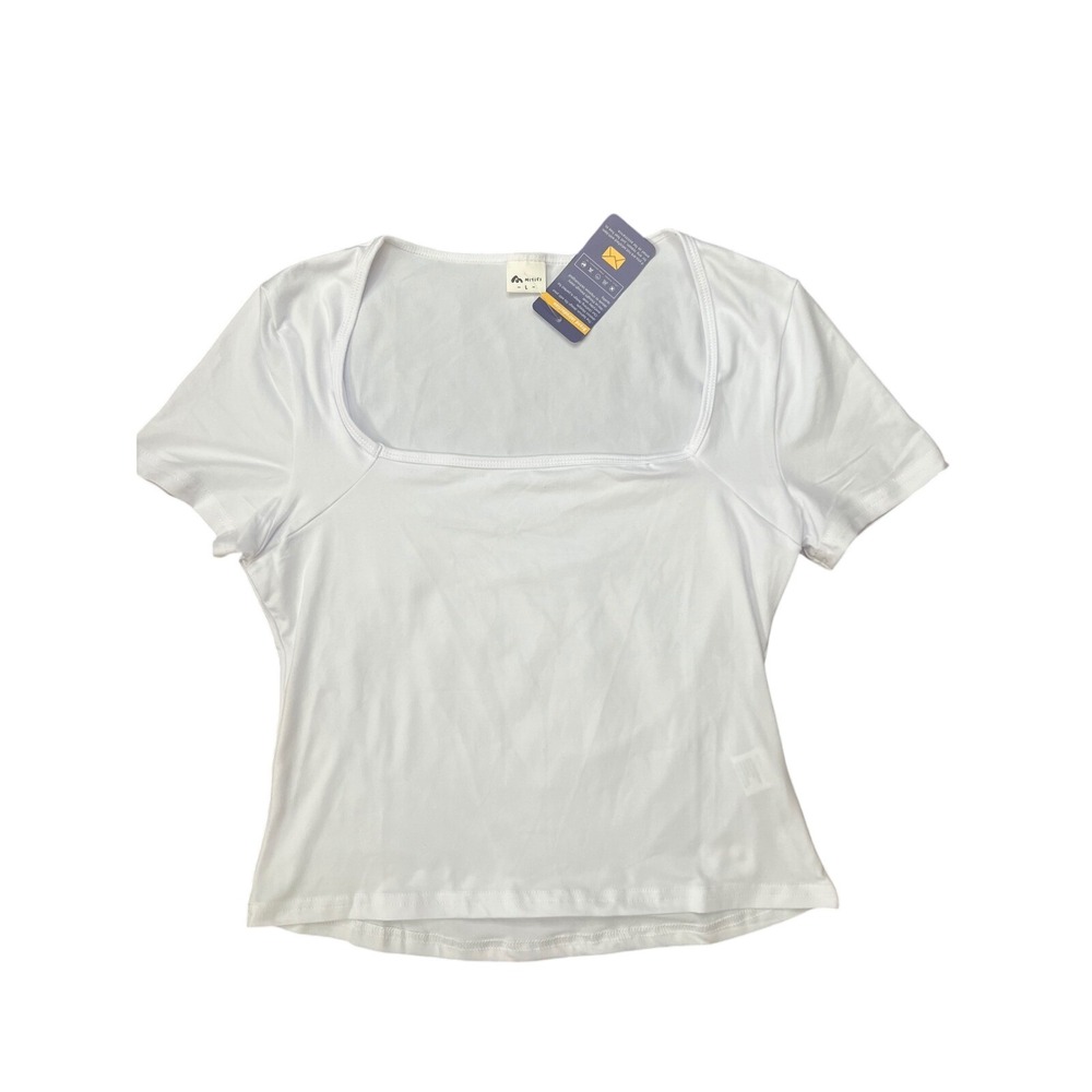 Misifi Womens White Square Neck Short Sleeve Top Size L NWT